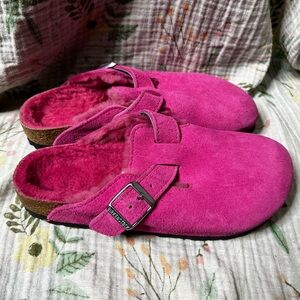 Birkenstock Boston Pink Suede Shearling Clogs